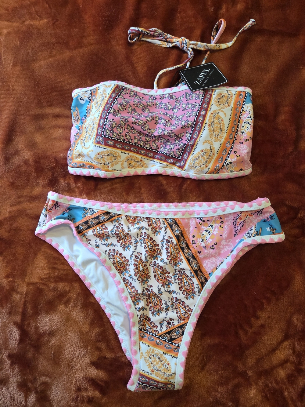 ZAFUL Paisley Print Bandeau Bikini Set in Pink & Orange